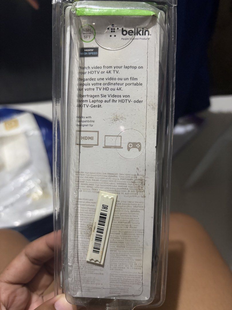 Belkin High-Speed HDMI Cable 4K 1.5m / 5ft (Category: Cables & Adaptors) located in Mandaluyong City. Submitted by prettyme16 (Listing ID 1455351579, Image 2). Description: - Belkin High-Speed HDMI Cable - Supports stunning 4K resolution - Cable length: 1.5 meters (5 feet) - Perfect for connecting laptops, computers, and gaming consoles to HDTVs or 4K TVs - Experience crisp and clear video quality.