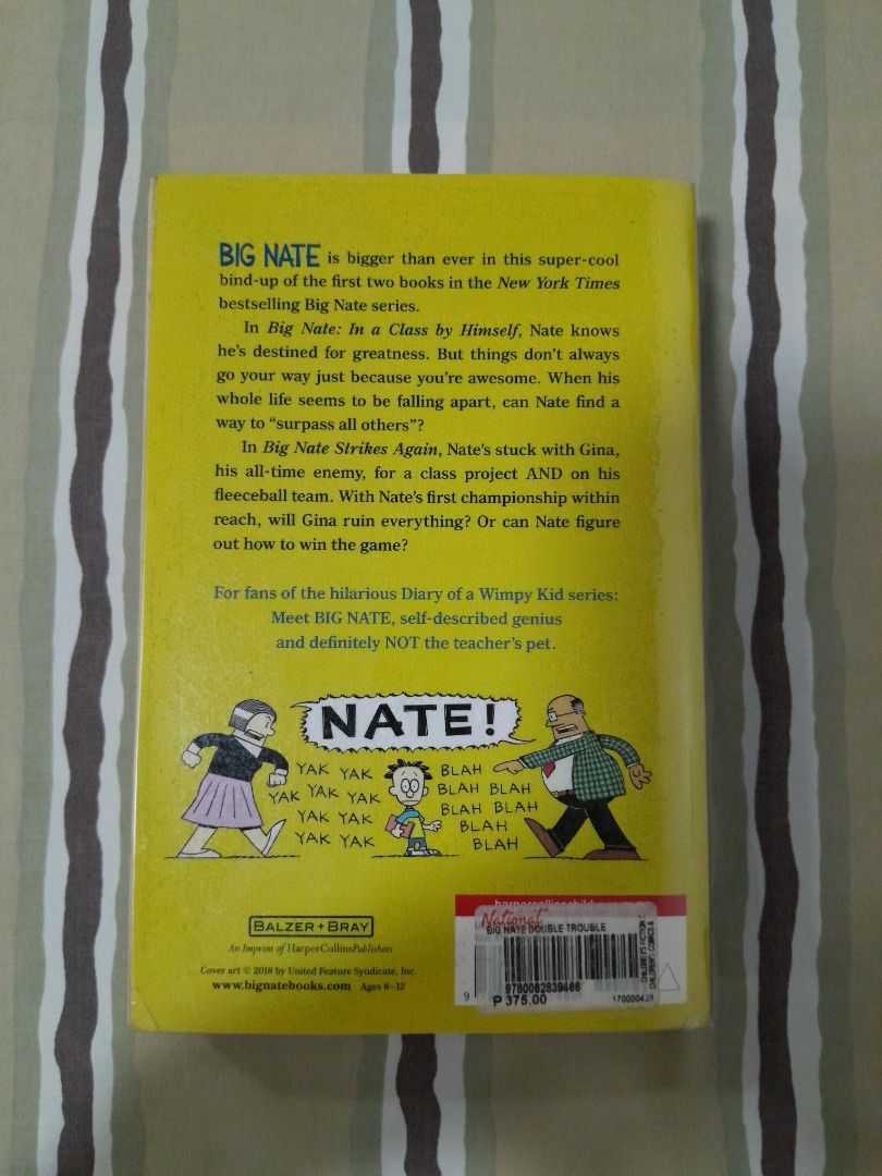 Big Nate Double Trouble Children's Book (Category: Children's Books) located in Antipolo. Submitted by benchumz (Listing ID 1455397100, Image 2). Description: ⭐️ Pre-loved, foxing copy ⭐️ Very thick book 😁 ⭐️ 2 stories in 1 book ⭐️ Please message me for more inquiries!.