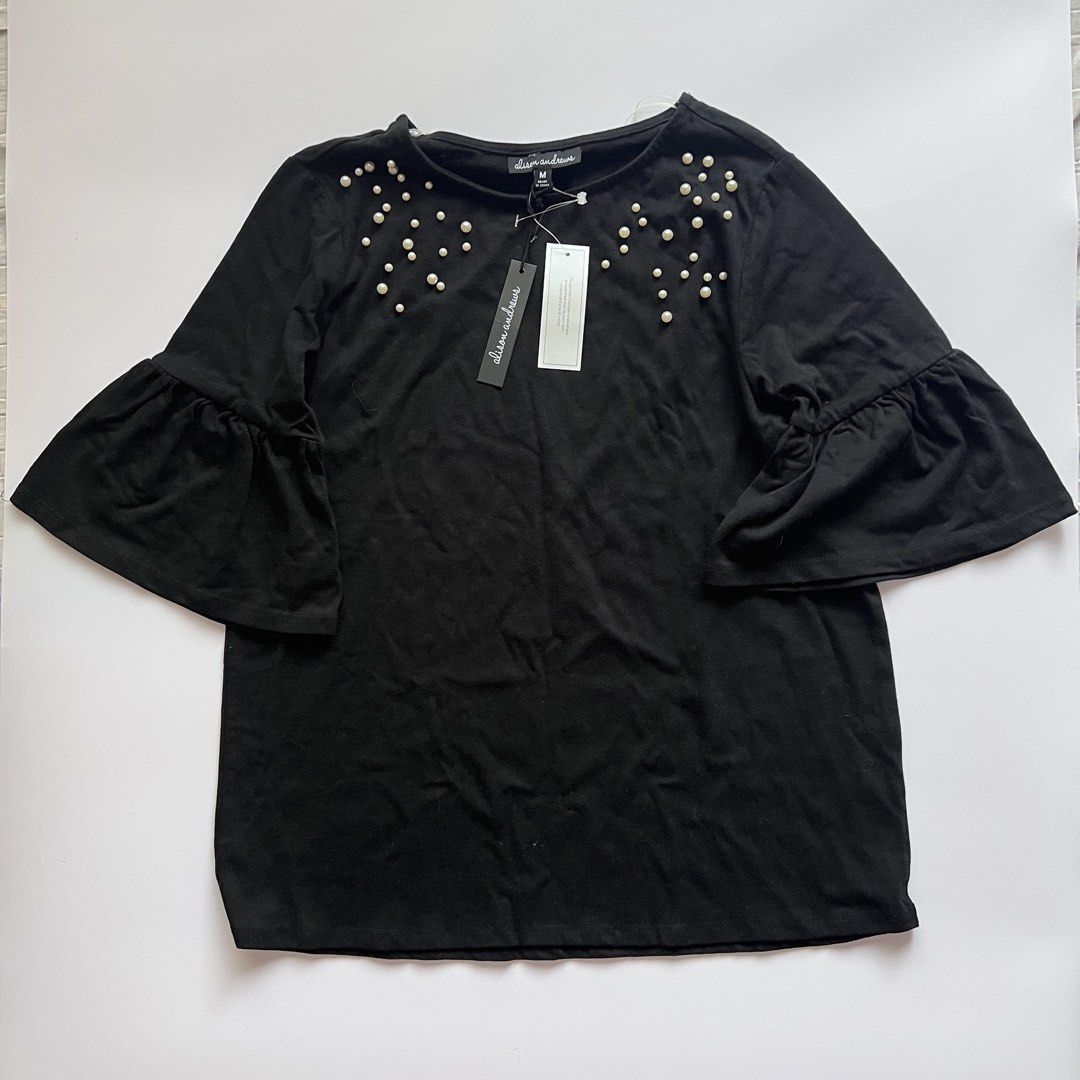 black bell sleeved top with pearls (Category: Blouses) located in Dasmarinas. Submitted by pinex (Listing ID 1455415262, Image 1). Description: - black blouse with pearl embellishments - no missing pearls, still with tags.