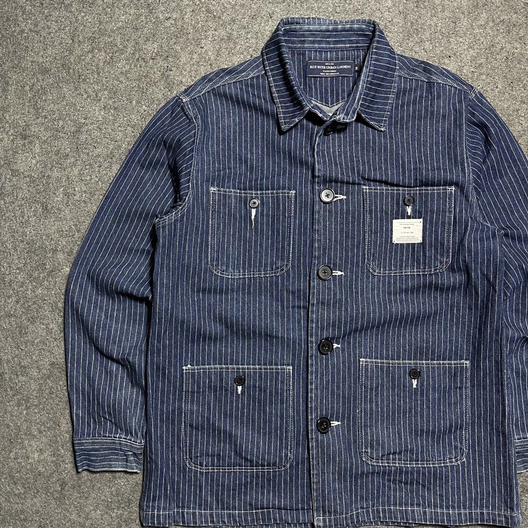 Blue Water Urban Garments Hickory Chore Jacket (Category: Coats, Jackets and Outerwear) located in Zamboanga. Submitted by rag_20 (Listing ID 1455489165, Image 2). Description: Blue Water Urban Garments Hickory Chore Jacket A sought-after piece of vintage-inspired workwear. It is heavily influenced by classic American railroad utility gear, Crafted from structural cotton denim. It features traditional vertical hickory stripes or a Wabash dotted-s