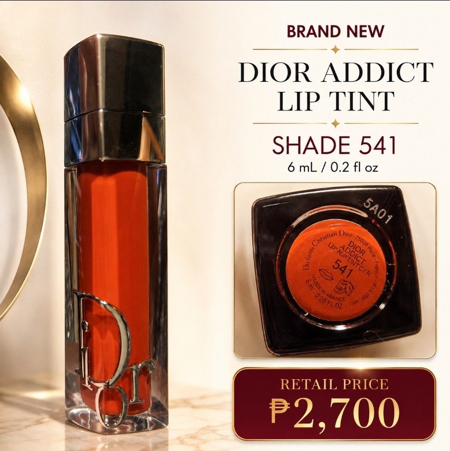 BRAND NEW DIOR ADDICT LIP TINT (Category: Makeup) located in Manila. Submitted by smartluxeph (Listing ID 1455434864, Image 1). Description: ✨ BRAND NEW DIOR ADDICT LIP TINT ✨ 💄 Shade 541 — a gorgeous vibrant warm orange-red/coral shade that gives the lips an instant pop of color. • 6 mL / 0.20 fl. oz. • Made in France • Brand new / unused • Actual item shown in photos • Retail reference: ₱2,700 🔥 LP: ₱1,500 — almost half the retail price! Perf