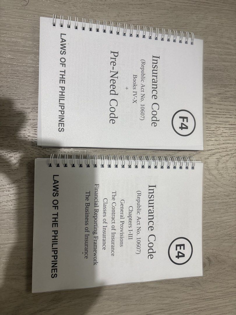 BRAND NEW Insurance Code of the Philippines - Codal Notebooks (Category: Textbooks) located in Taguig. Submitted by whosjuul (Listing ID 1455476217, Image 1). Description: - Bought this from Manuel Bookstore for Php500 (now selling for Php 350 for both) - SF to be shouldered by buyer RFS: Extra.