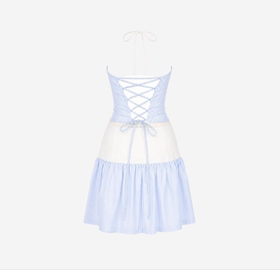 BSCO Piper Set - Baby Blue (Category: Sets or Coordinates) located in Santa Rosa. Submitted by neloved_ (Listing ID 1455346944, Image 2). Description: BSCO PIPER SET Halter Criss Cross Self-Tie Top + Low Waist Midi Skirt Size: Medium Color: Baby Blue Stripes Condition: Brand new, never worn Availability: Currently sold out on the official online BSCO shop Delivery: Via LBC — ₱150.