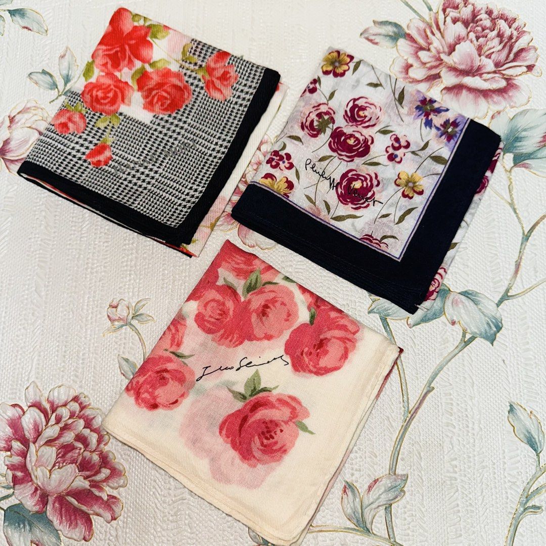 Bundle-3 Pcs Branded Hankies (Category: Scarves) located in Manila. Submitted by rarefindsgallery (Listing ID 1455381260, Image 2). Description: Bundle: 3 PCs Women’s Branded Hankies All big sizes 18 x 18 inches 💯 cotton Made in Japan 🇯🇵 Brand: Hanae Mori Junko Shimada Philippe Venet All like new condition ♥️ 📌 Fixed price .