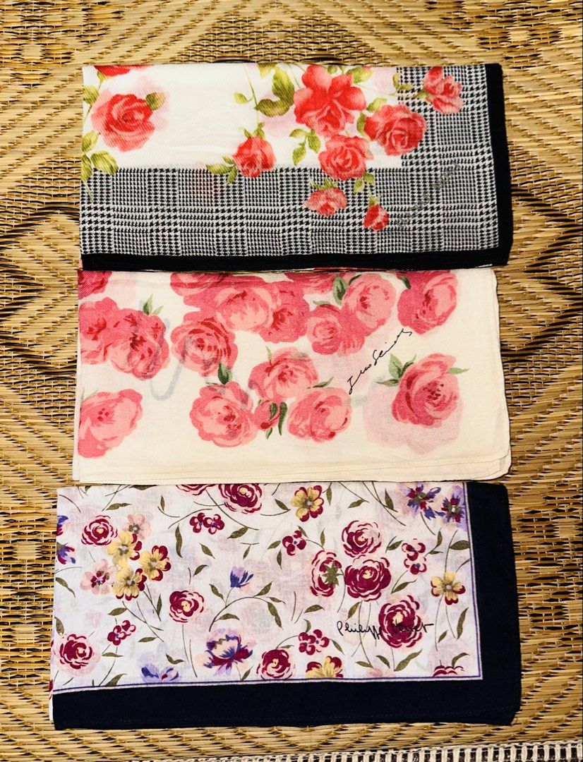 Bundle-3 Pcs Branded Hankies (Category: Scarves) located in Manila. Submitted by rarefindsgallery (Listing ID 1455381260, Image 1). Description: Bundle: 3 PCs Women’s Branded Hankies All big sizes 18 x 18 inches 💯 cotton Made in Japan 🇯🇵 Brand: Hanae Mori Junko Shimada Philippe Venet All like new condition ♥️ 📌 Fixed price .