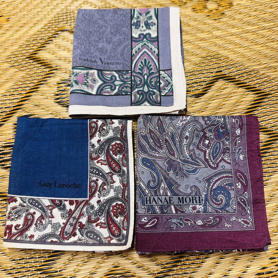 Bundle - 3 Pcs Men’s Handkerchief (Category: Handkerchief & Pocket Squares) located in Manila. Submitted by rarefindsgallery (Listing ID 1455384364, Image 1). Description: Bundle 3 Pcs Men’s Handkerchief Brand: Rudolph Valentino Guy Laroche Hanae Mori Size: 17 inches 💯 cotton 📌 Fixed price .