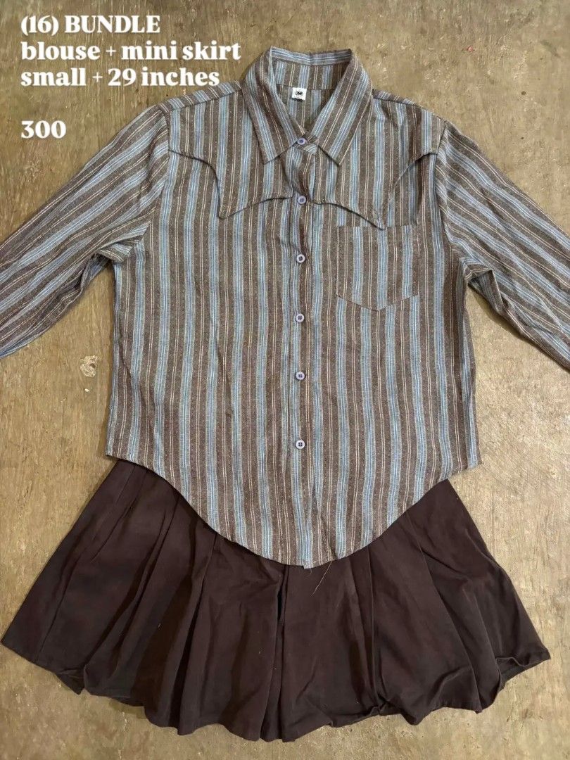 BUNDLE kpop style blue top+brown skirt (Category: Sets or Coordinates) located in Bacolod City. Submitted by love4thrift (Listing ID 1455441240, Image 1). Description: no issues top: small skirt:28-29.