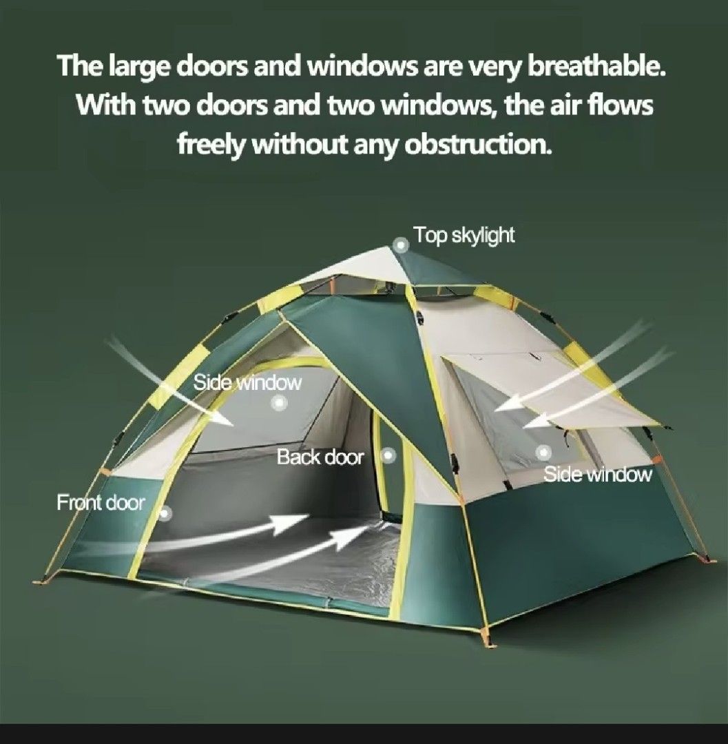 Camping tent (Category: Hiking & Camping) located in Imus. Submitted by emajay24 (Listing ID 1455344897, Image 2). Description: - Fully automatic, quick opening tent - no assembly required! - Spacious family size, perfect for outdoor adventures. - Designed with two doors and two windows for excellent ventilation. - Features a top skylight for stargazing and added airflow. - Comes with a rainproof top cover for protection against the elements. - E