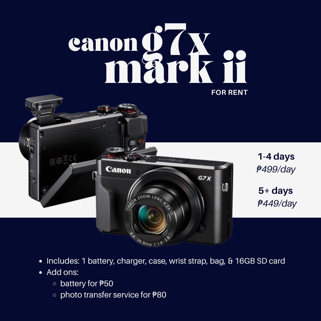 Canon G7X Mark II for Rent (Category: Cameras) located in Manila. Submitted by wpfmapdl (Listing ID 1439713493, Image 1). Description: dm for available dates! ☺️.