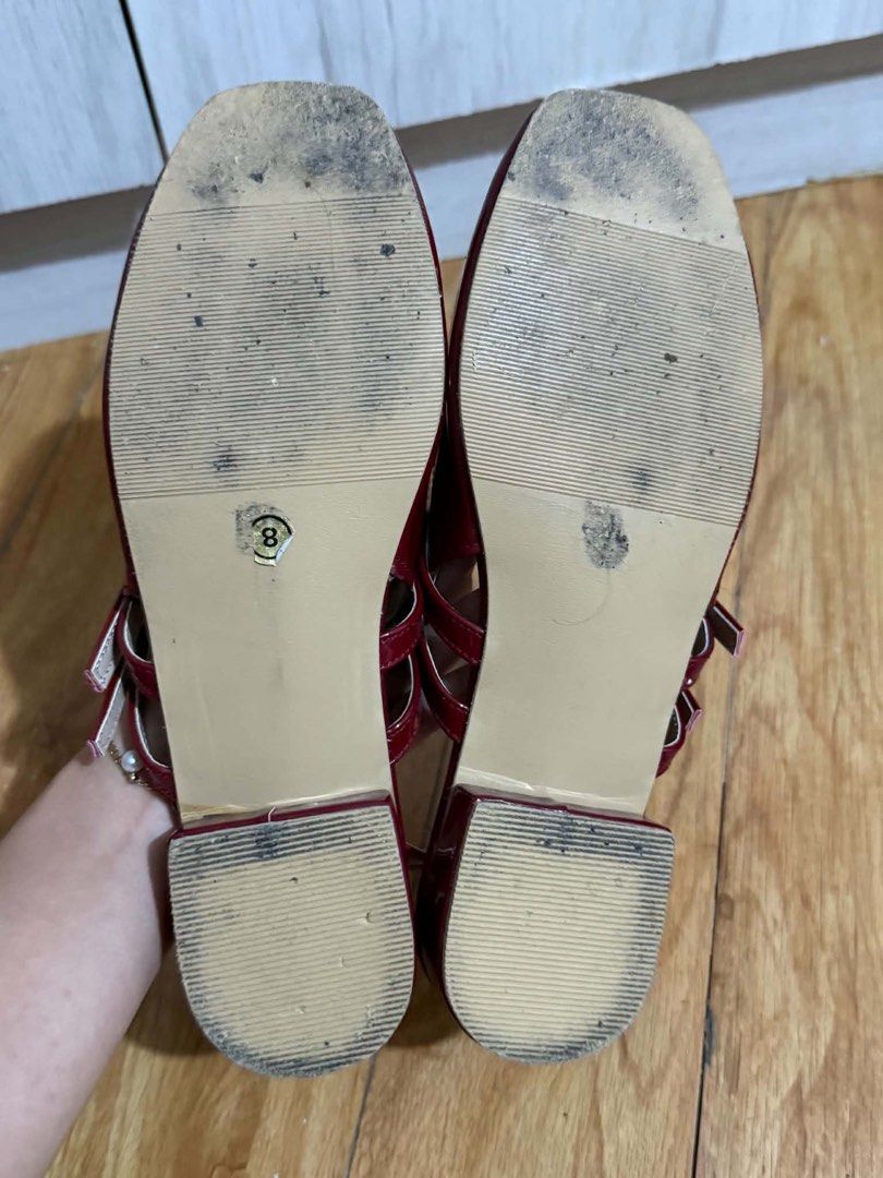 Celestial Red Patent Mary Jane Block Heels Size 8 (Category: Heels) located in Paranaque City. Submitted by shopnichoppy (Listing ID 1455342650, Image 3). Description: - Red patent leather Mary Jane style shoes - Features a comfortable low block heel - Adjustable ankle straps with buckle closure for a secure fit - 'Celestial' brand visible on insole.