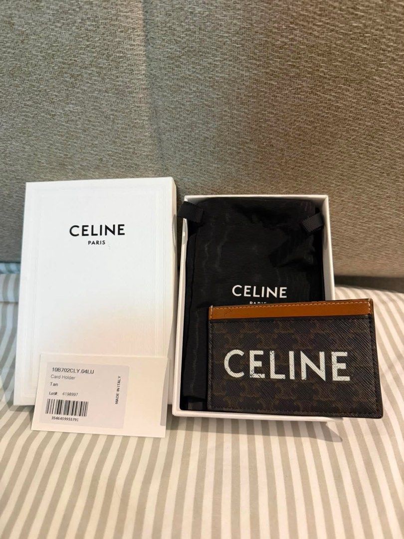 Celine Card Holder Tan Monogram (Category: Luxury Bags & Wallets) located in Cainta. Submitted by lovelymart00300 (Listing ID 1455404249, Image 1). Description: - Authentic Celine card holder - Color: Tan with brown leather trim - Features classic monogram print - Includes original box and dust bag - Made in Italy - Perfect for card organization.