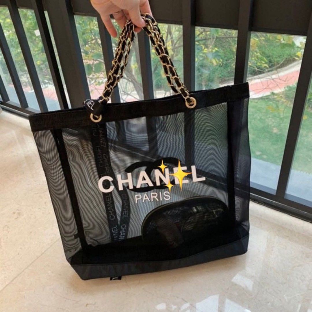 Chanel Black Mesh Tote Bag with Chain Straps (Category: Luxury Bags & Wallets) located in Manila. Submitted by assortedthingsforsale (Listing ID 1455344429, Image 1). Description: - Authentic Chanel black mesh tote bag - Features elegant chain straps - Iconic Chanel logo detail - Spacious interior for all your essentials - Comes with a convenient smaller pouch inside - Perfect for beach days or everyday chic.