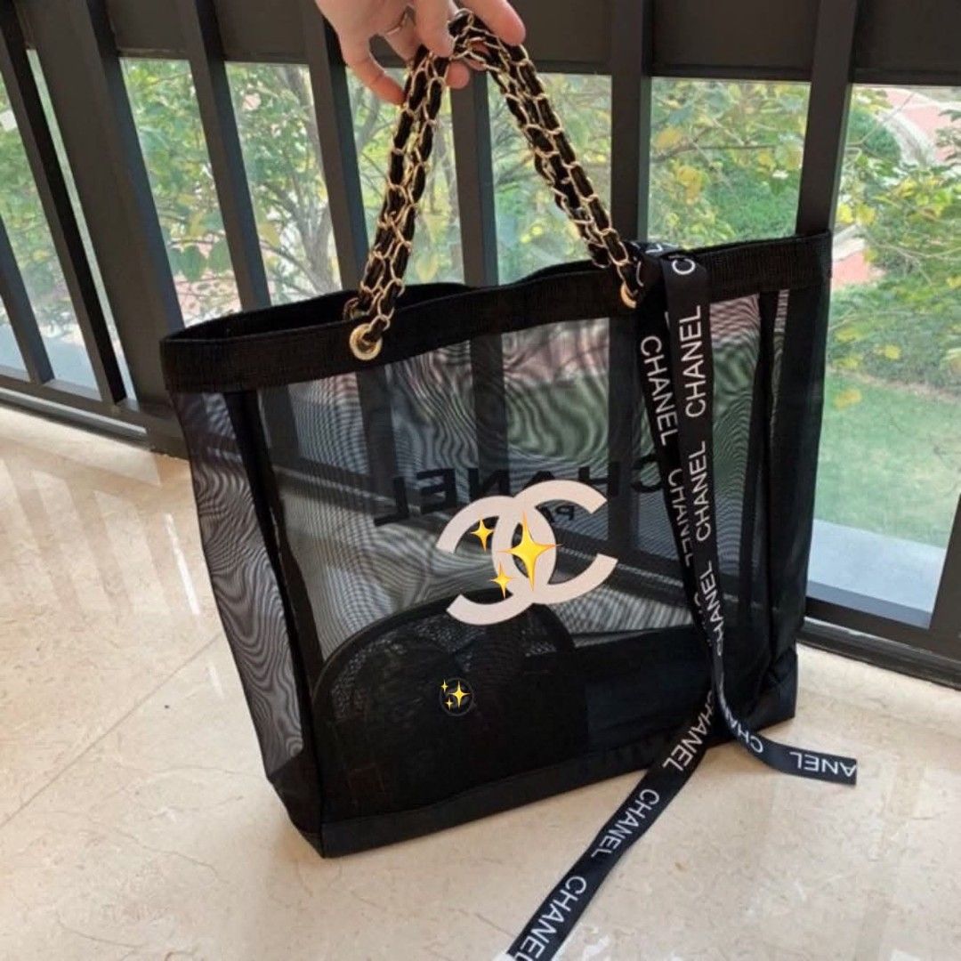 Chanel Black Mesh Tote Bag with Chain Straps (Category: Luxury Bags & Wallets) located in Manila. Submitted by assortedthingsforsale (Listing ID 1455344429, Image 2). Description: - Authentic Chanel black mesh tote bag - Features elegant chain straps - Iconic Chanel logo detail - Spacious interior for all your essentials - Comes with a convenient smaller pouch inside - Perfect for beach days or everyday chic.