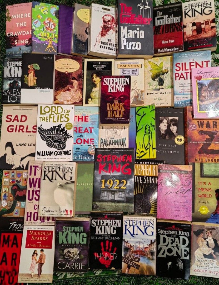 CHOOSE YOUR NEXT READ (Category: Storybooks) located in Manila. Submitted by hdbookshop (Listing ID 1455422302, Image 1). Description: Collection of popular books/authors Stephen King Bob Ong Joselito Delos Reyes Bebang Siy Merlida Bobis Patti Smith Mario Puzo Oscar Wilde Nicholas Sparks Kristin Hannah Lang Leav Jane Austen William Shakespeare William Golding Chuck Palahniuk Charlotte Bronte Fyodor Dostoevsky Max Brooks FB Page: Buklat O Basa Lim