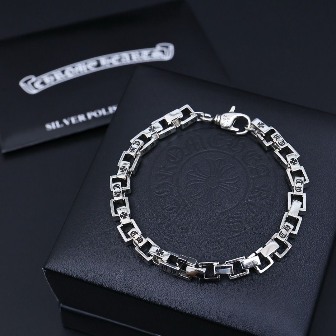 Chrome Hearts Silver Bracelet with Cross Motifs (Category: Bracelets) located in Caloocan City. Submitted by freemountain-814cc6 (Listing ID 1455476331, Image 1). Description: - Authentic Chrome Hearts bracelet - Silver chain with repeating cross and square links - Lobster clasp closure - Approximately 8 inches in length - Comes with original box and polishing cloth - Perfect addition to any collection.