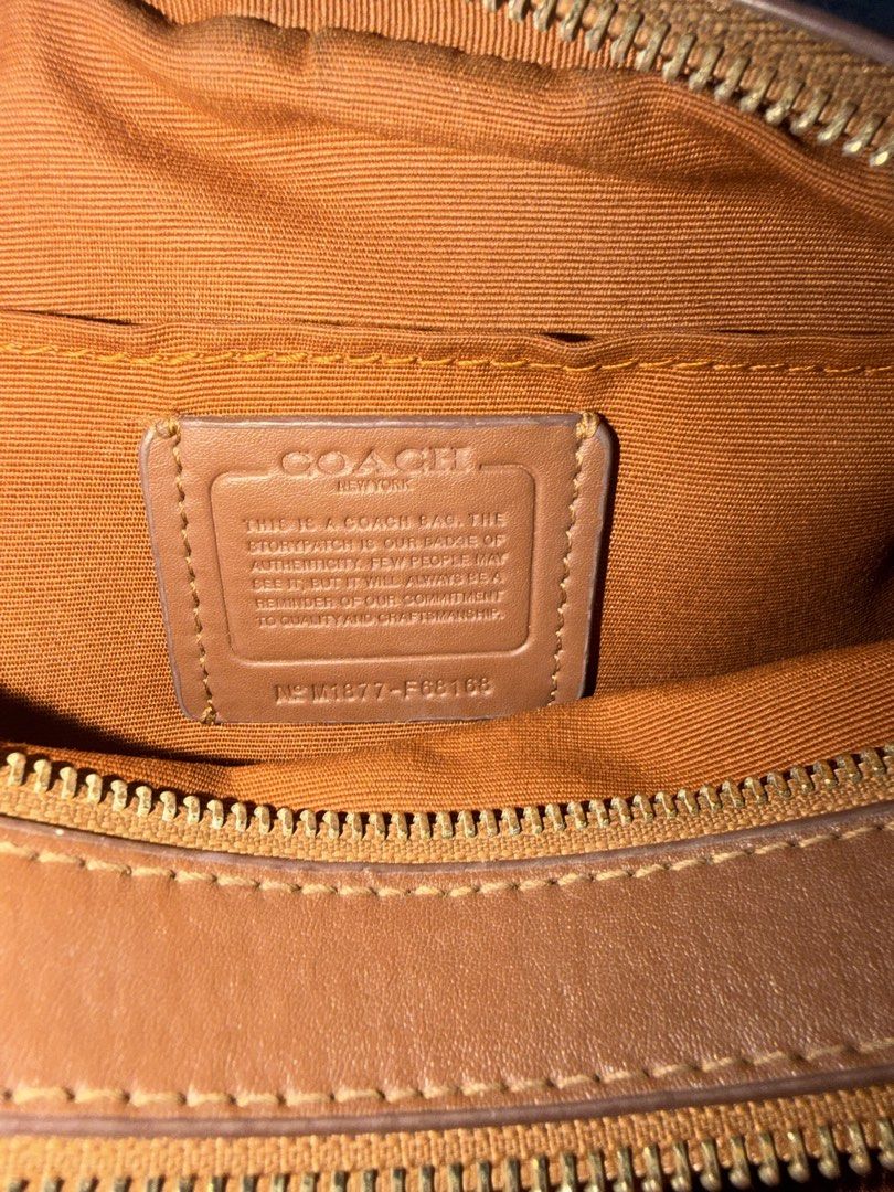 Coach Signature Monogram Crossbody Bag (Category: Luxury Bags & Wallets) located in Quezon City. Submitted by miccosredtruck (Listing ID 1455461534, Image 3). Description: - Authentic brown Coach crossbody bag - Signature monogram pattern with leather trim - Gold-tone hardware - Secure zipper closure - Interior Coach authenticity tag - Ideal for everyday wear.