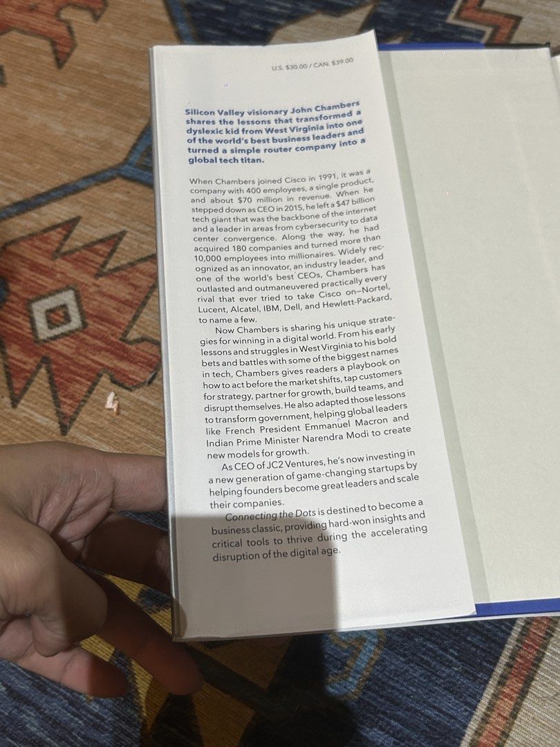 Connecting the Dots by John Chambers Leadership Book (Category: Storybooks) located in Paranaque City. Submitted by svrdr (Listing ID 1455472749, Image 2). Description: Connecting the Dots: Lessons for Leadership in a Startup World — John Chambers, with Diane Brady (Chambers was CEO of Cisco Systems for over two decades) Part memoir, part leadership playbook from one of tech's most prominent CEOs. Chambers recounts building Cisco into a global gi