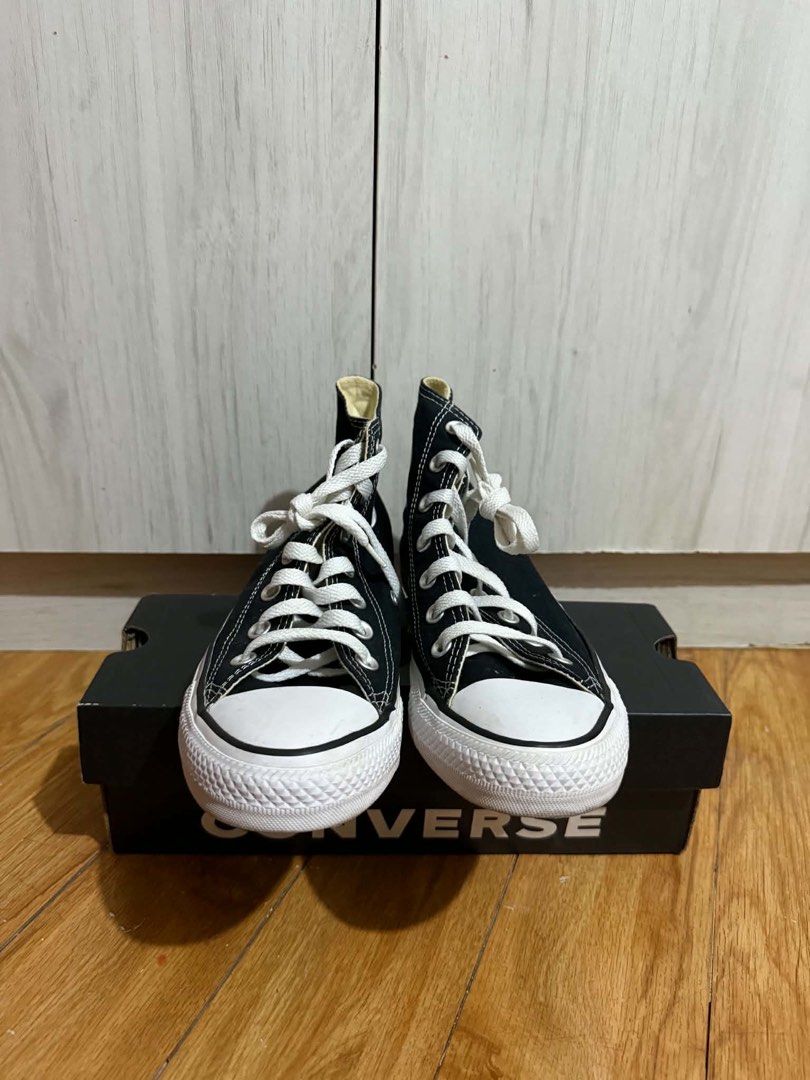 Converse All Star High Top Black Canvas Sneakers (Category: Sneakers) located in Paranaque City. Submitted by shopnichoppy (Listing ID 1455340846, Image 3). Description: - Classic black Converse high tops - White laces and soles - Iconic Chuck Taylor ankle patch on the side - Comes with original box - Size: 7.5 US Men's / 5.5 US Women's .