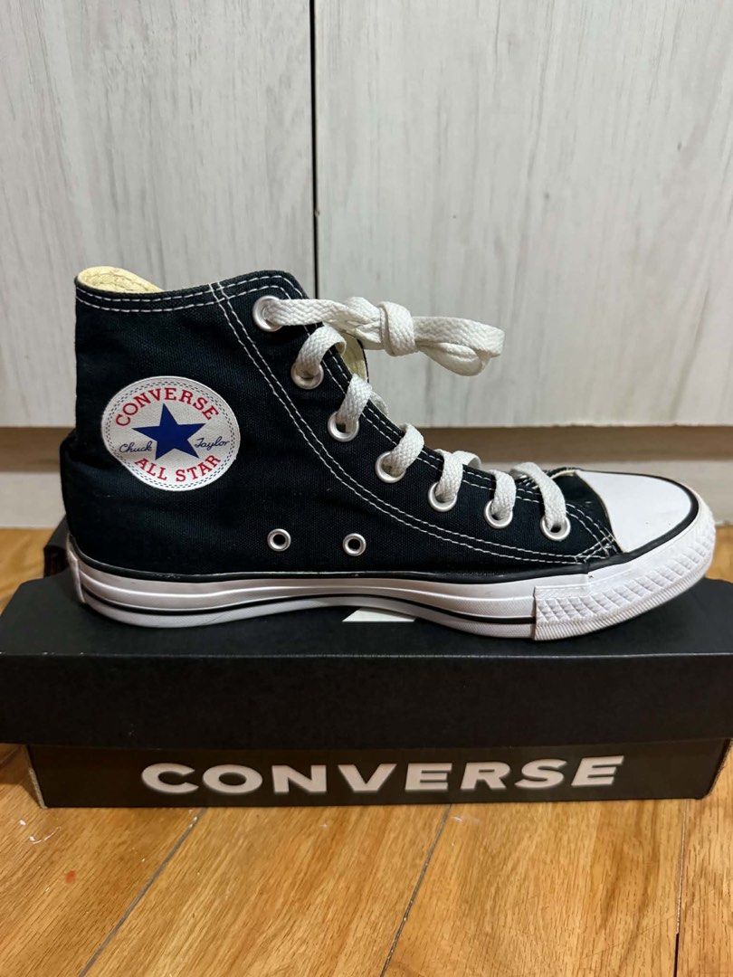 Converse All Star High Top Black Canvas Sneakers (Category: Sneakers) located in Paranaque City. Submitted by shopnichoppy (Listing ID 1455340846, Image 2). Description: - Classic black Converse high tops - White laces and soles - Iconic Chuck Taylor ankle patch on the side - Comes with original box - Size: 7.5 US Men's / 5.5 US Women's .