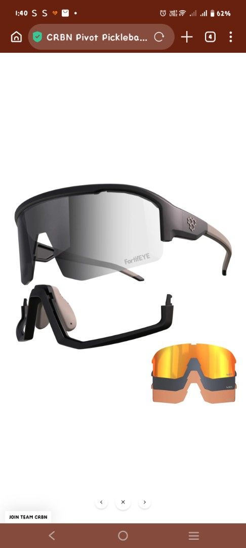 CRBN Pivot Pickleball Sunglasses Interchangeable Lens System (Category: Sunglasses & Eyewear) located in Muntinlupa City. Submitted by cezzy82 (Listing ID 1455367101, Image 2). Description: - CRBN Pivot pickleball sunglasses - Comes with original box and all accessories - Includes interchangeable lenses for various light conditions - Designed for optimal pickleball play - Ensures clear vision on the court.