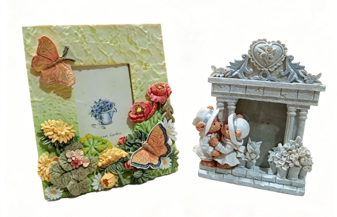 Decorative Picture Frames – Set of 2 (Category: Frames & Pictures) located in Paranaque City. Submitted by gentle.declutter (Listing ID 1455380804, Image 1). Description: 1. Butterfly Floral Frame – 6.5" × 5.25" - Vibrant 3D design: colorful butterflies & sculpted flowers on soft green textured background - Charming garden-style, detailed & well-crafted 2. Wedding Bears Frame – 4.5" × 6" - Romantic sculpted piece: sweet bear couple in wedding att