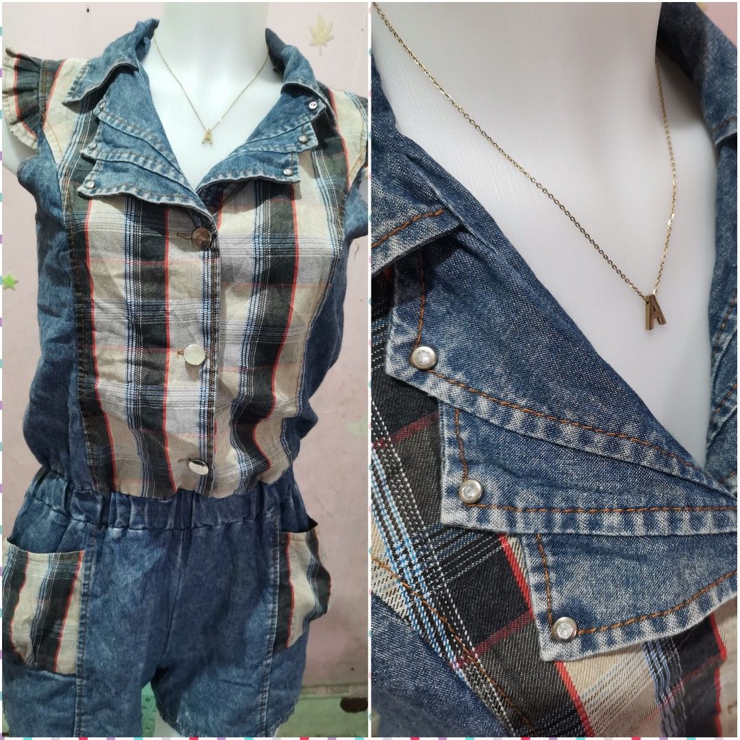 Denim and Plaid Sleeveless Jumpsuit (Category: Jumpsuits) located in Quezon City. Submitted by annef (Listing ID 1455475558, Image 1). Description: - Sleeveless jumpsuit - Denim top with plaid accents - Elastic waist for comfort - Button-up front - Pockets on shorts - Ideal for casual outings - Pairs well with sneakers or sandals.