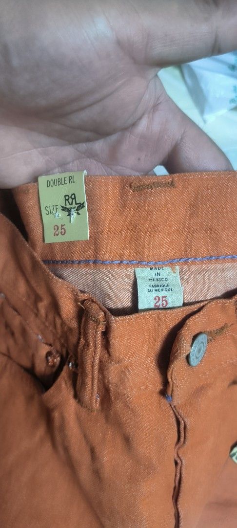 Double RL Orange High Fit Jeans Size 25 (Category: Jeans) located in Manila. Submitted by itsmelawrence (Listing ID 1455439563, Image 3). Description: - Brand new Double RL orange jeans - Size: 25 x42 length 7.5 hem - Fit: High fit, relaxed - Origin: Made in Mexico - Condition: Brand new with tags attached - Style: Cool color and relaxed style.