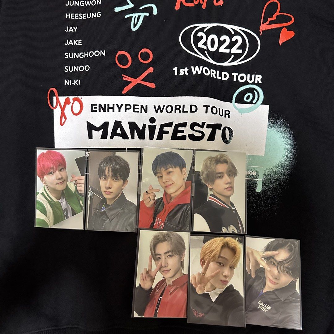 Enhypen Manifesto Hoodie (Medium) (Category: Coats, Jackets and Outerwear) located in San Mateo. Submitted by ipeunluver (Listing ID 1455422285, Image 1). Description: •Includes photocards set •No pouch and tags •Worn and washed for about 7 times RFS: Need funds.