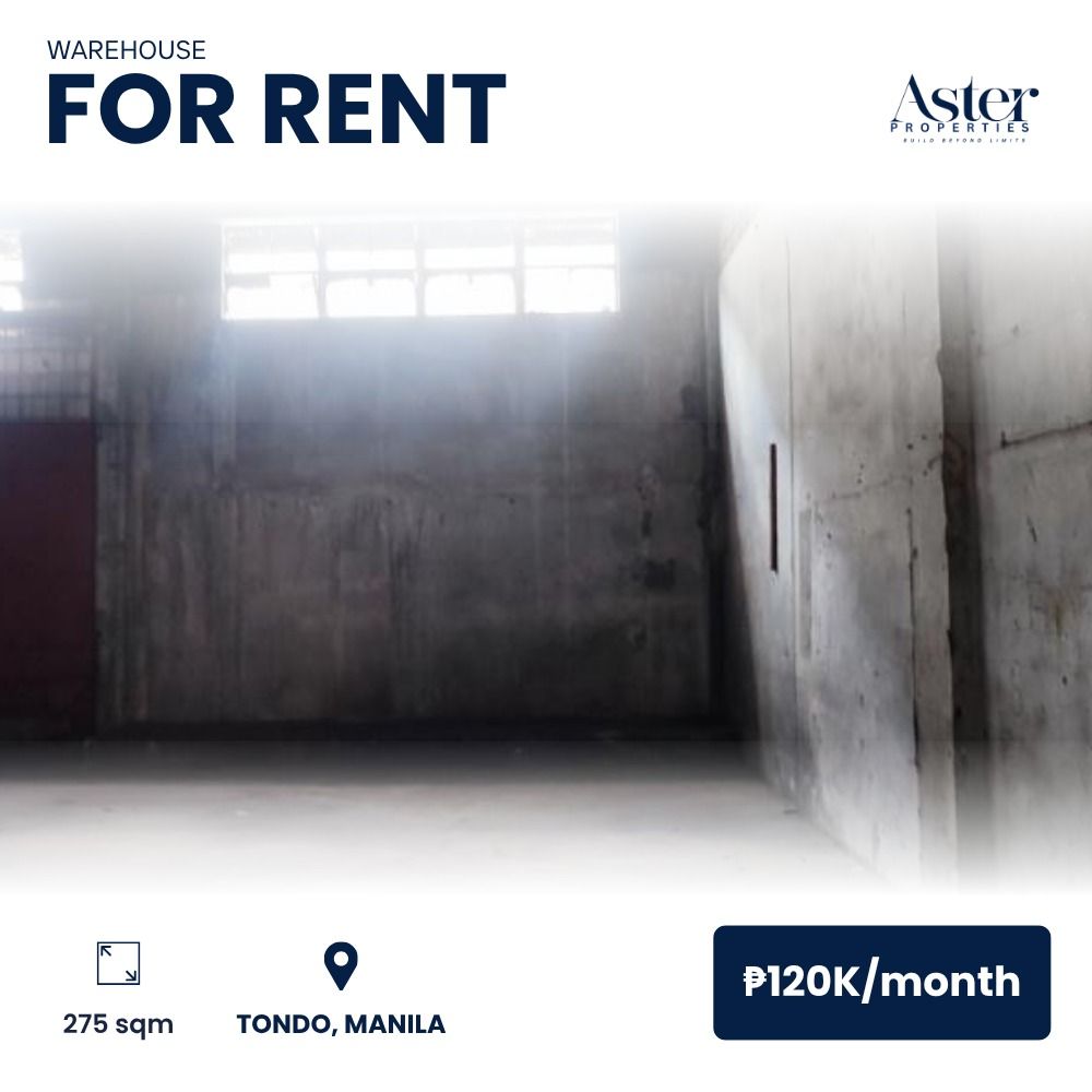 FOR RENT| Warehouse at Tondo, Manila (Category: Commercial) located in Manila. Submitted by asterproperties (Listing ID 1455431342, Image 1). Description: FOR RENT| Warehouse Whether you're looking for your next property or a valuable investment, this could be the opportunity you've been waiting for! 📍 Tondo, Manila Lot Area: 275 sqm Price: ₱120,000 per month Property ID: P100 Reserve this property before it’s gone! .