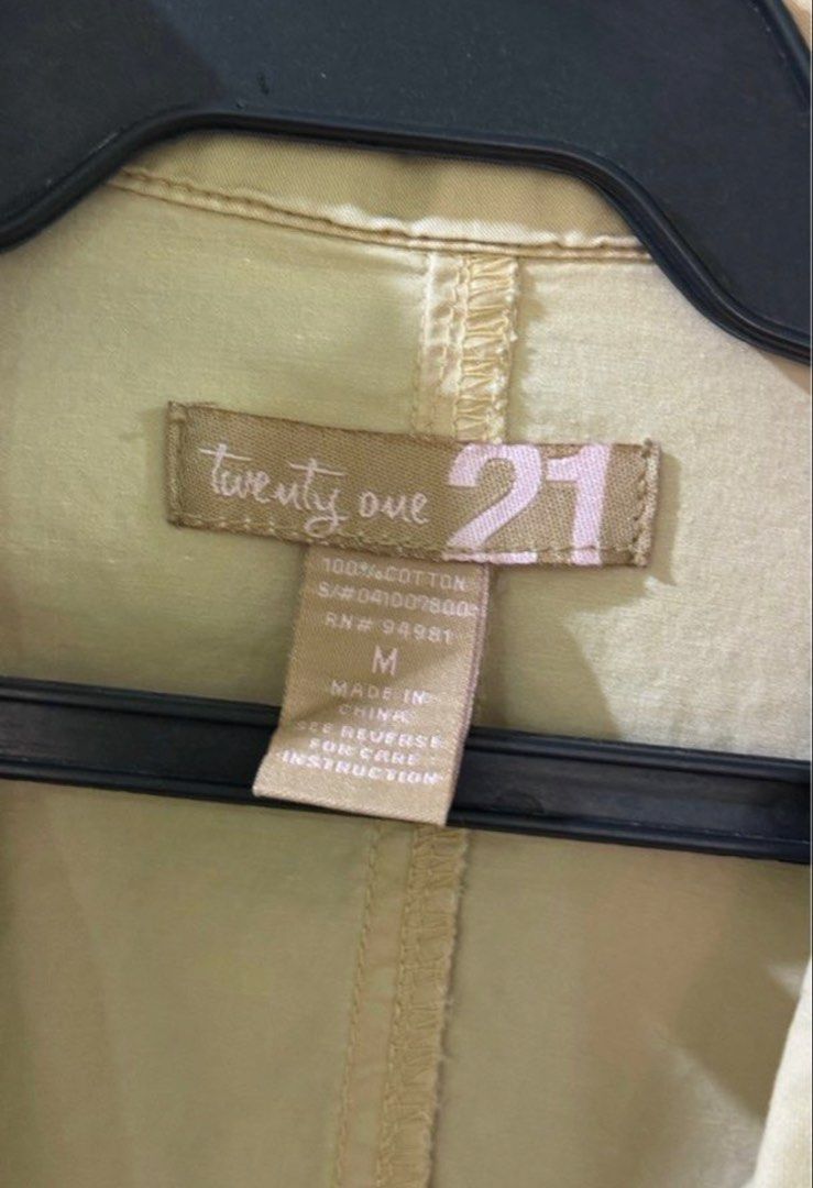 Forever 21 Beige Blazer Jacket Coat (Category: Coats, Jackets and Outerwear) located in Las Pinas. Submitted by jmnb23 (Listing ID 1455345892, Image 2). Description: Forever 21 Khaki Beige Coat Jacket - 3/4 sleeves - size Medium on tag, best fits XS-Small frames - no issues Dimes: Length 19 inches Width 16 inches.
