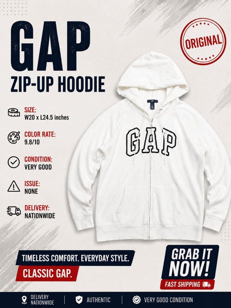 GAP WHITE HOODIE original Imbroidered logo (Category: Hoodies) located in Alburquerque. Submitted by bossgabgallery (Listing ID 1455470231, Image 2). Description: CLASSIC GAP ZIP-UP HOODIE 🔥 Timeless comfort meets everyday style. Grab this classic white Gap hoodie before it's gone! ⚡ PRODUCT DETAILS Brand: GAP Style: Full Zip-Up Hoodie Color: White / Cream Size: W: 20" x L: 24.5 Inch (MEDIUM to LARGE) ⚡ CONDITION & QUALITY Condition: Very Good C
