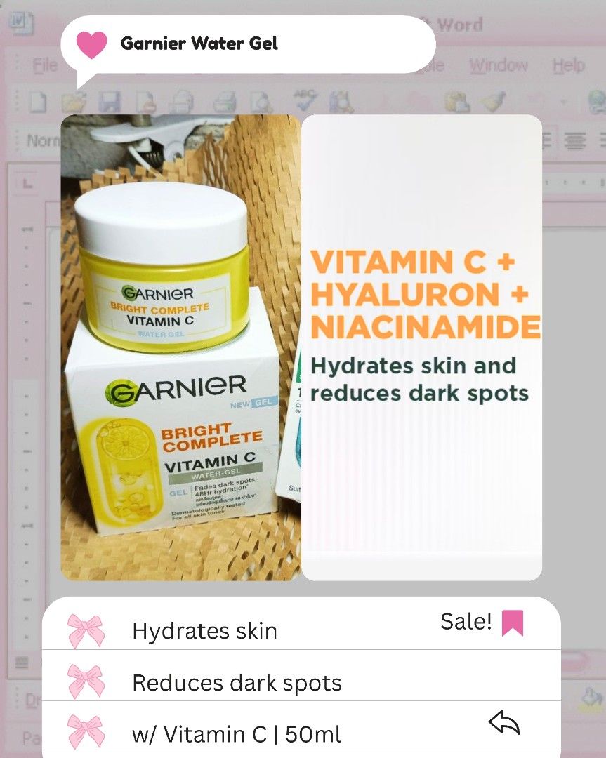 GARNIER WATER GEL VITAMIN C MOISTURIZER (Category: Makeup) located in Paranaque City. Submitted by iloveem (Listing ID 1455491639, Image 1). Description: Fades dark spots while moisturizing your skin.