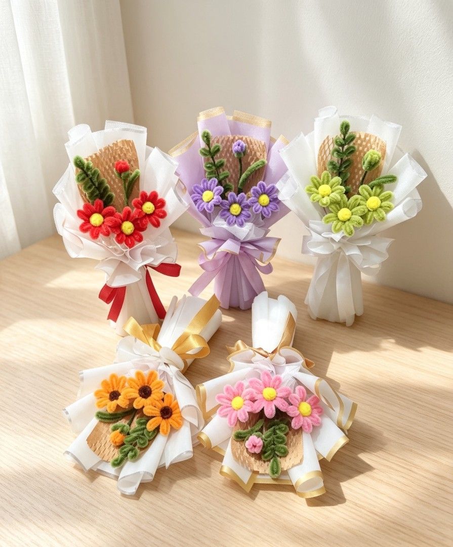 Handmade Mini Daisy Pipe Cleaner Flower Bouquets - Various Colors (Category: Artificial Plants & Flowers) located in Balanga. Submitted by nea_mich (Listing ID 1455477828, Image 2). Description: - Adorable handmade mini daisy pipe cleaner flower bouquets. - Perfect for small gifts, party favors, or home decor. - Available colors: Pink, Red, Purple, Yellow, Green. - Each bouquet is carefully crafted and beautifully wrapped..