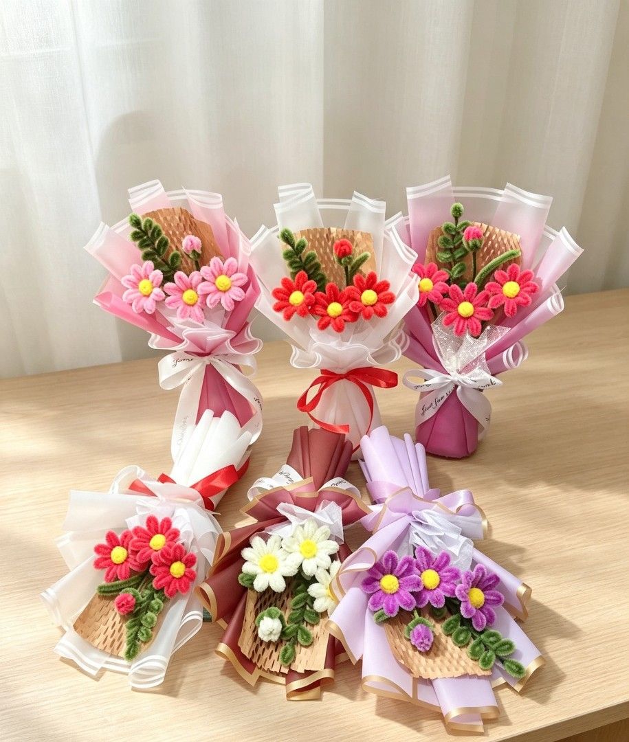 Handmade Mini Daisy Pipe Cleaner Flower Bouquets - Various Colors (Category: Artificial Plants & Flowers) located in Balanga. Submitted by nea_mich (Listing ID 1455477828, Image 1). Description: - Adorable handmade mini daisy pipe cleaner flower bouquets. - Perfect for small gifts, party favors, or home decor. - Available colors: Pink, Red, Purple, Yellow, Green. - Each bouquet is carefully crafted and beautifully wrapped..