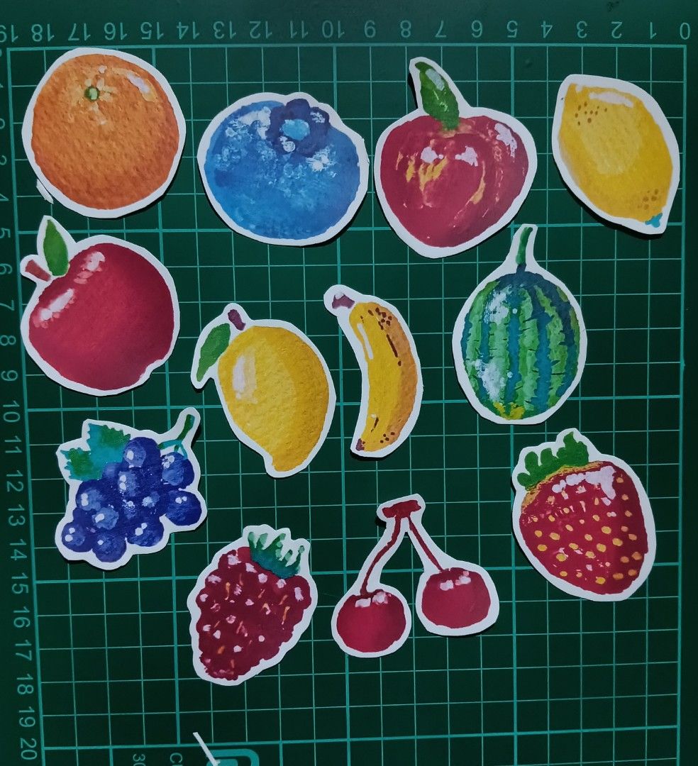 Handpainted & printed stickers: FRUITS (each) (Category: Art & Prints) located in Manila. Submitted by hobbievert.ph (Listing ID 1455448620, Image 1). Description: ✨Handmade watercolor fruit stickers!: -orange -blueberry -apple - lemon -banana -watermelon -grapes -raspberry -cherries -strawberry. Perfect for decorating journals, laptops, and crafts. ✨Non - Waterproof Vinyl Stickers ✨size: 1.5-2 inches ✨great for journaling ✨original Artwork by HO