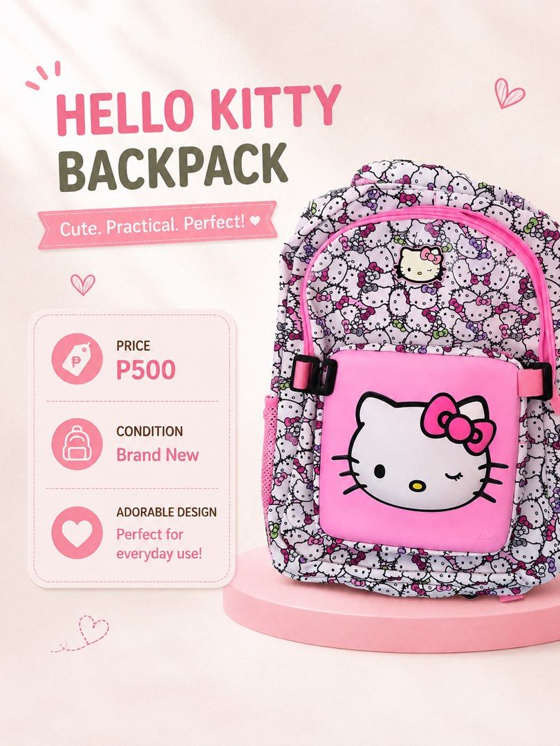 Hello Kitty Backpack - Cute & Practical (Category: Other Babies Going Out Needs) located in Antipolo. Submitted by littlepeanut07 (Listing ID 1455381603, Image 1). Description: - Adorable Kitty backpack - Features an all-over pattern of Kitty faces - Large pink front pocket with a big Kitty graphic - Ideal for everyday use - Cute and stylish design.