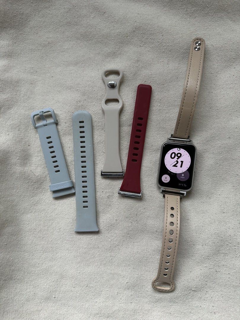 Huawei Fit 2 with 2 extra straps (Category: Wearables & Smart Watches) located in Quezon City. Submitted by __kayela (Listing ID 1455406943, Image 1). Description: - well-used Huawei Fit 2 - comes with the original blue silicone strap but with flaw (please see pic) - with 2 extra straps (leather and silicone; in pic) - no issues with the watch itself - negotiable for sure buyers!.
