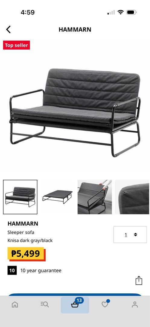 IKEA HAMMARN Sleeper Sofa Knisa Dark Gray/Black (Category: Sofas) located in Manila. Submitted by aubreyours07 (Listing ID 1455486222, Image 2). Description: - IKEA HAMMARN sleeper sofa in dark gray/black - Easily converts from sofa to bed - Ideal for small spaces or guest rooms - Cushions are included - Sturdy metal frame - Original price: P5,499.