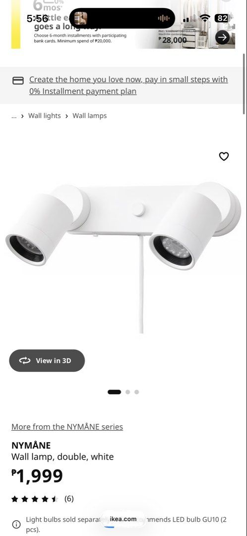 IKEA NYMÅNE Wall Lamp, Double, White (Category: Lighting) located in San Juan City. Submitted by ngo95 (Listing ID 1455412364, Image 3). Description: - IKEA NYMÅNE Double Wall Lamp - Color: White - Ideal for hallways, bedrooms, or accent lighting - bulbs excluded Brand new, unopened Rfs: dont need Pickup at eastwood.