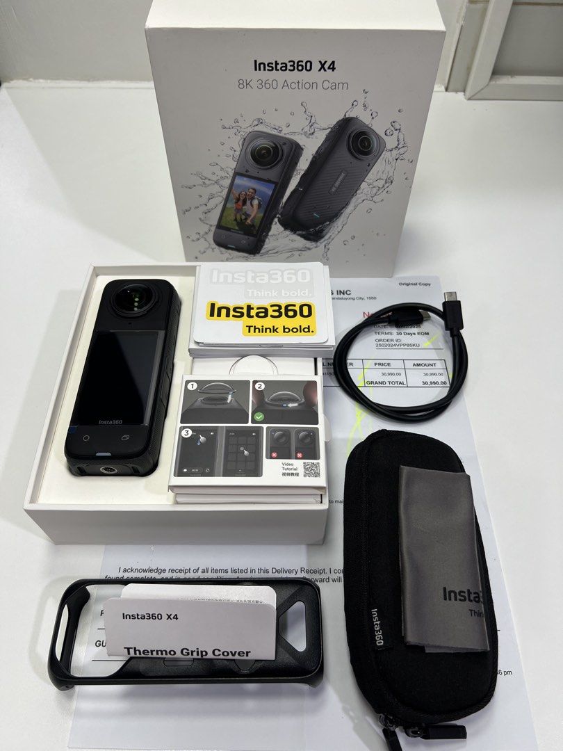 Insta360 X4 (Category: Cameras) located in Cainta. Submitted by MDC_shop (Listing ID 1455447568, Image 2). Description: Insta360 X4 (standard bundle) ₱20,000 - Slightly used during travel (twice only since bought) - No scratch or dent - Can pass as brand new Inclusions: - Insta360 X4 unit - Battery - Thermal Grip Case - Standard Lens Guards - Cleaning Cloth - Carrying Case - USB-C connector - Manual and stickers *memory card and other accessories