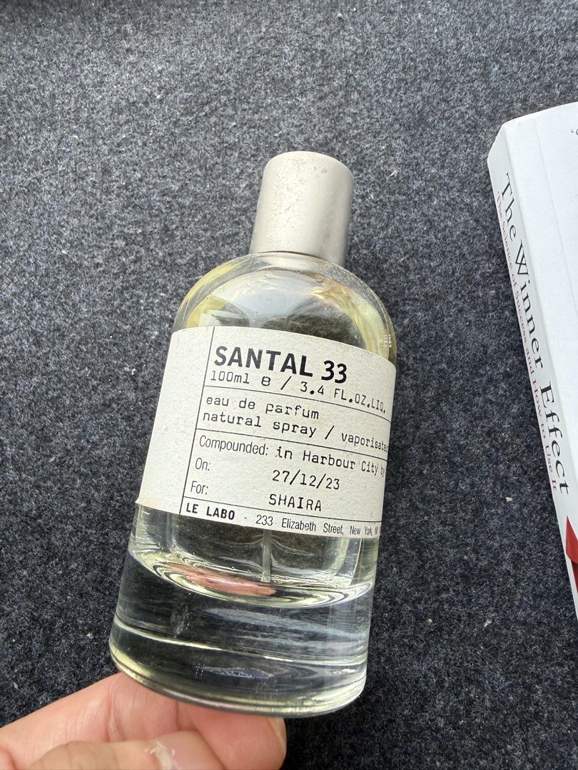Le Labo Santal 33 Eau de Parfum 100ml AUTHENTIC (Category: Fragrance & Deodorants) located in Pasig City. Submitted by kfreed (Listing ID 1455340290, Image 2). Description: AUTHENTIC Le Labo Santal 33 Eau de Parfum - Natural Spray - 100ml Bottle - Compounded in New York (Harbour City) on December 27, 2023 - Address: 233 Elizabeth Street, New York Bought in Hongkong, Bought for about 19k php Around 85ml remaining.