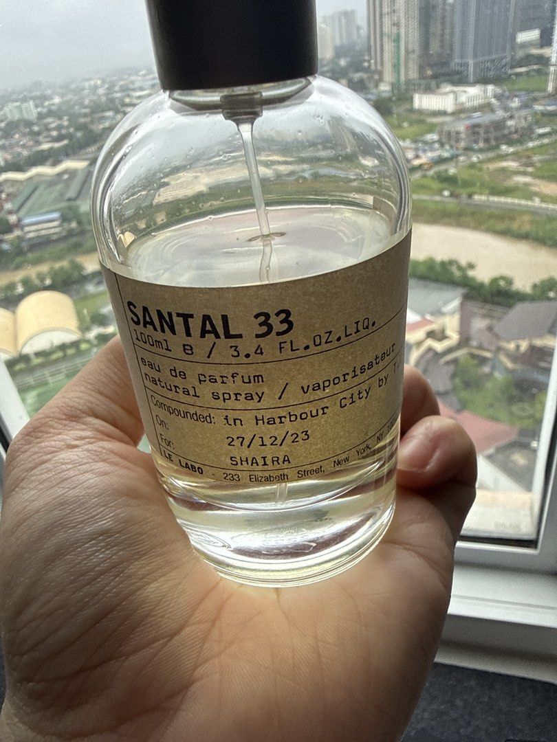 Le Labo Santal 33 Eau de Parfum 100ml AUTHENTIC (Category: Fragrance & Deodorants) located in Pasig City. Submitted by kfreed (Listing ID 1455340290, Image 3). Description: AUTHENTIC Le Labo Santal 33 Eau de Parfum - Natural Spray - 100ml Bottle - Compounded in New York (Harbour City) on December 27, 2023 - Address: 233 Elizabeth Street, New York Bought in Hongkong, Bought for about 19k php Around 85ml remaining.