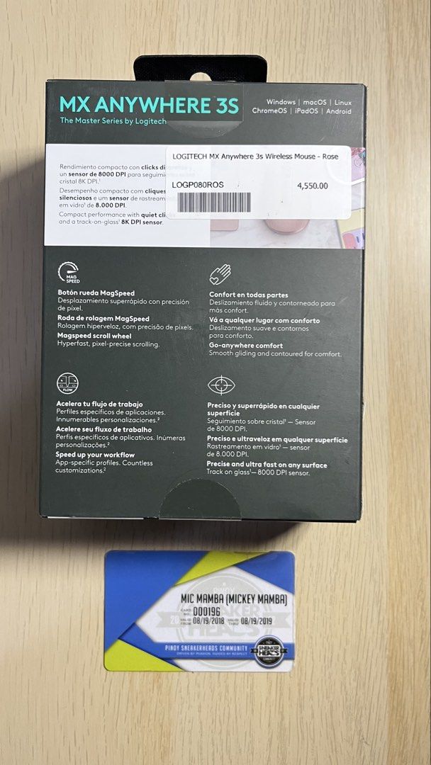 Logitech MX Anywhere 3S Rose (Category: Mouse & Mousepads) located in Taguig. Submitted by micmamba24 (Listing ID 1455407415, Image 2). Description: FOR SALE ONLY (NO SWAP) BRAND NEW/SEALED WAY BELOW SRP ORIGINAL/AUTHENTIC/LEGIT COMES WITH PAPER BAG Logitech MX Anywhere 3S Rose Complete specifications: https://www.logitech.com/en-ph/shop/p/mx-anywhere-3s SRP: P4,550 My Price: P3,000 only RFS: Decluttering Meetups: Makati or BGC, Taguig area For d
