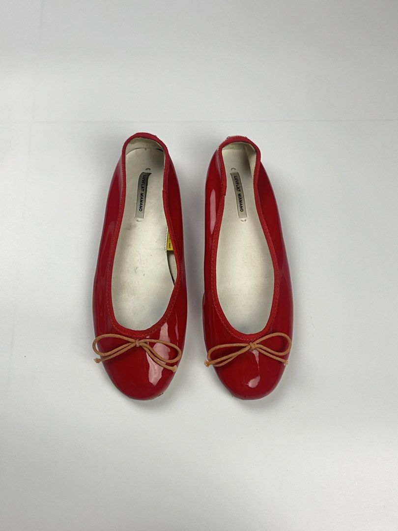 LUVFLAT MIAMANO Red Patent Leather Ballet Flats (Category: Flats & Sandals) located in Cagayan de Oro. Submitted by kmcurations (Listing ID 1455456209, Image 1). Description: LUVFLAT MIAMANO Red Patent Leather Ballet Flats • Brand: LUVFLAT MIAMANO • Features: • Glossy red patent synthetic upper. • Tan string bow accent at the front toe. • Classic round-toe silhouette with matching red grosgrain trim. • Flat beige rubber outsole. • Size: Fits EU 3