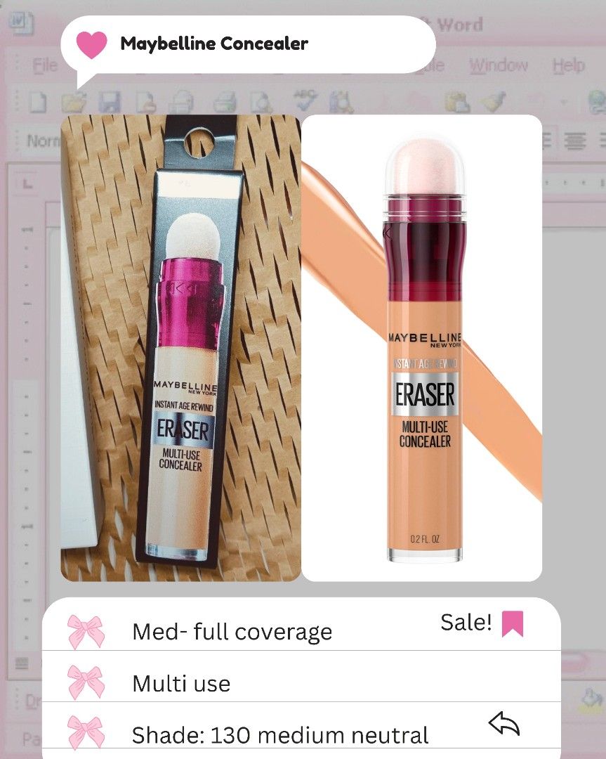MAYBELLINE ERASER CONCEALER NEUTRAL 130 (Category: Makeup) located in Paranaque City. Submitted by iloveem (Listing ID 1455491591, Image 1). Description: Location: Parañaque Delivery: Same day lalamove J&T 1-3 days Payment: Gcash or Bank.