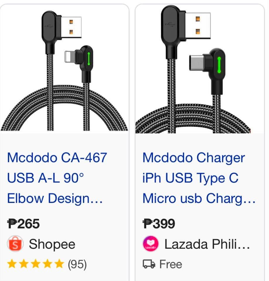 McDodo 90 Degree USB To Type C / Lightning Data Cable (Category: Chargers & Cables) located in Quezon City. Submitted by 030698 (Listing ID 1455408358, Image 3). Description: McDodo 90 Degree USB To Type C / Lightning Data Cable - 0.5m Product Details Brand: Mcdodo Type: 90° Right-Angle / Elbow Lightning Data CableLength & Rating: 0.5m (1.6ft), Max 2A current php 150 each.