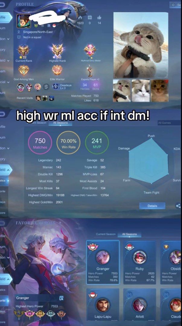 mlbb granger acc (Category: Game Gift Cards & Accounts) located in Singapore. Submitted by smellylj (Listing ID 1455415313, Image 1). Description: -granger main -high wr -fully unbinded -able to nego -more info dm can do both paynow or meet-up .