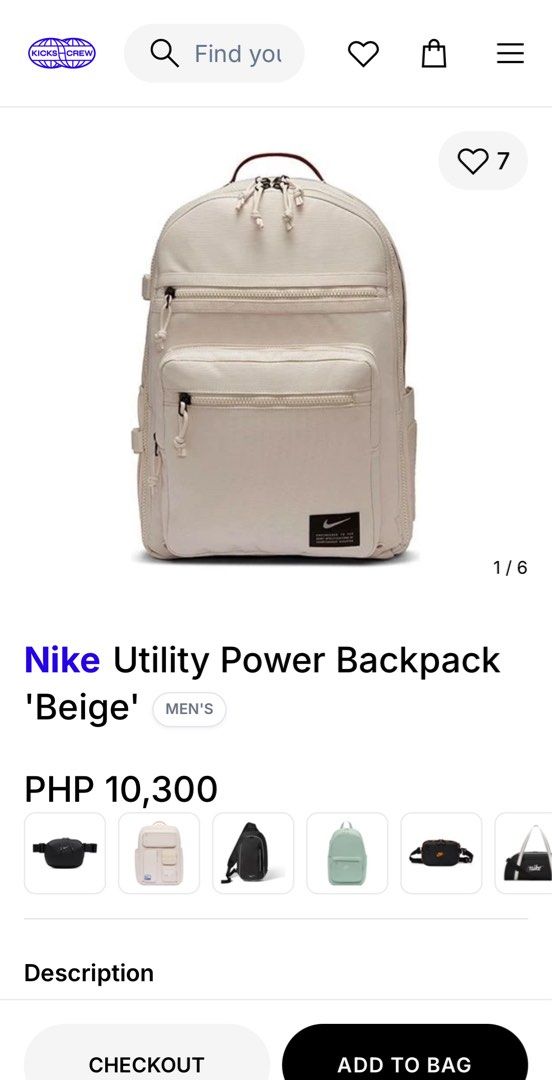 Nike Utility Power Backpack ‘Beige’ Mens (Category: Backpacks) located in Caloocan City. Submitted by percyy.k (Listing ID 1455347365, Image 1). Description: - Nike Utility Power Backpack - Color: Beige - Ideal for everyday use or travel - Multiple pockets for excellent organization - Authentic, Made with durable material - Minor signs of usage, everything disclosed in the photos -Only issue is that circle thing at the bottom right side which is 