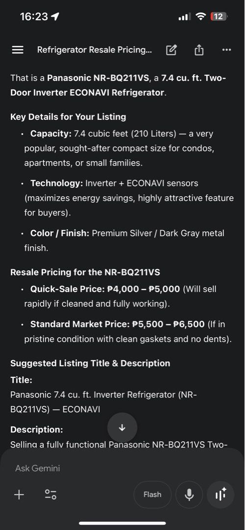 Panasonic Refrigerator with Econavi Inverter (Category: Refrigerators and Freezers) located in Taguig. Submitted by bells01 (Listing ID 1452117722, Image 2). Description: - Black Panasonic Refrigerator - Econavi Inverter Technology (very tipid) - Spacious Interior - magnets excluded - Good working condition Issue: Light not working properly - sometimes on or off Scratches as seen on the picture .