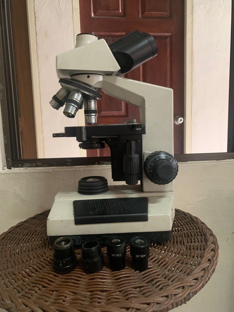 Professional Microscope with Multiple Lenses (Category: Medical Supplies & Tools) located in Quezon City. Submitted by carlos132 (Listing ID 1455395763, Image 2). Description: - Needs Bulb. - Microscope perfect for science projects and study. - Includes multiple objective lenses for versatile magnification. - Comes with WF10X and WF16X eyepieces. - Features adjustable focus knobs for clear viewing. - Power input: AC 110-115V. - Minor dust from st